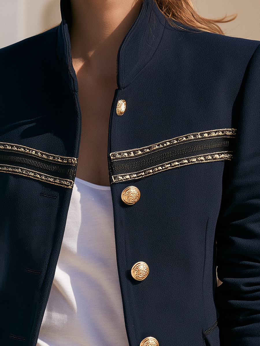 Old Money Gold Ribbon Trim Stand Collar Navy Jacket