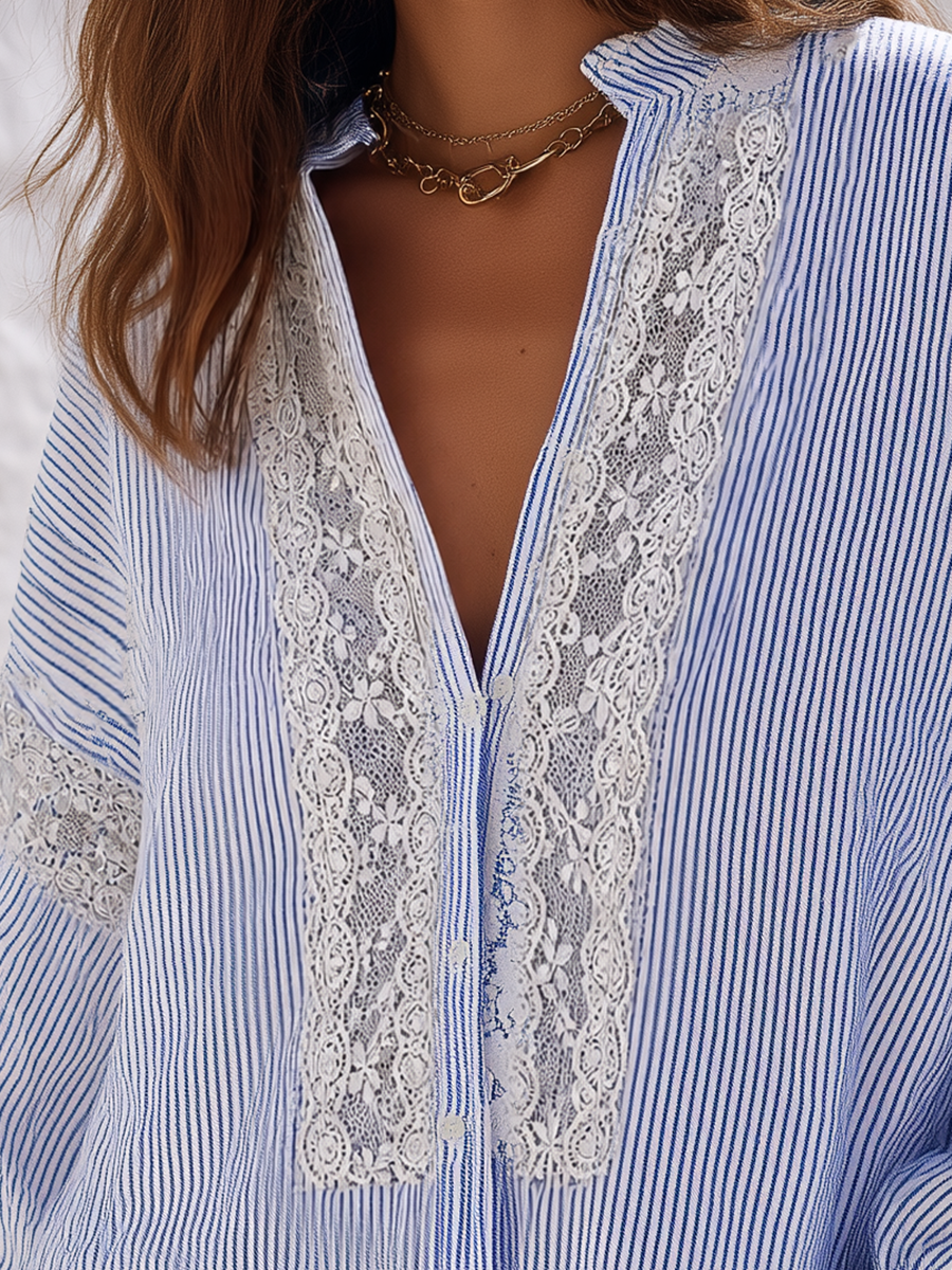 Sky Blue Pinstripe Lace-Trim Split-Neck Relaxed Balloon Sleeve Resort Shirt