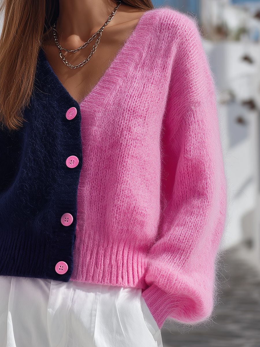 Navy And Bubblegum Pink Colorblock Fuzzy V-Neck Button-Front Oversized Knit Cardigan