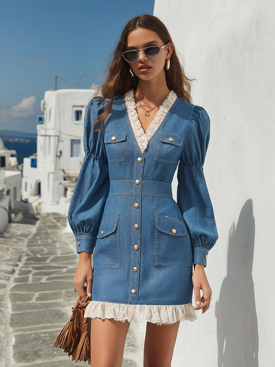 Washed Blue Button-Front Lace-Trim Puff-Sleeve Utility Resort Mini Dress