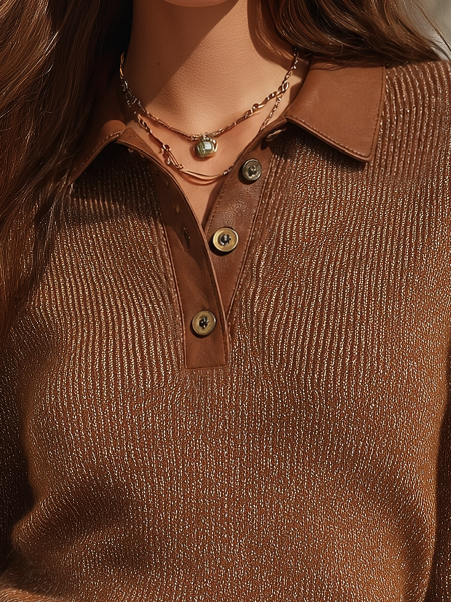 Rust Brown Lurex-Textured Contrast-Collar Button-Front Long Sleeve Resort Sweater