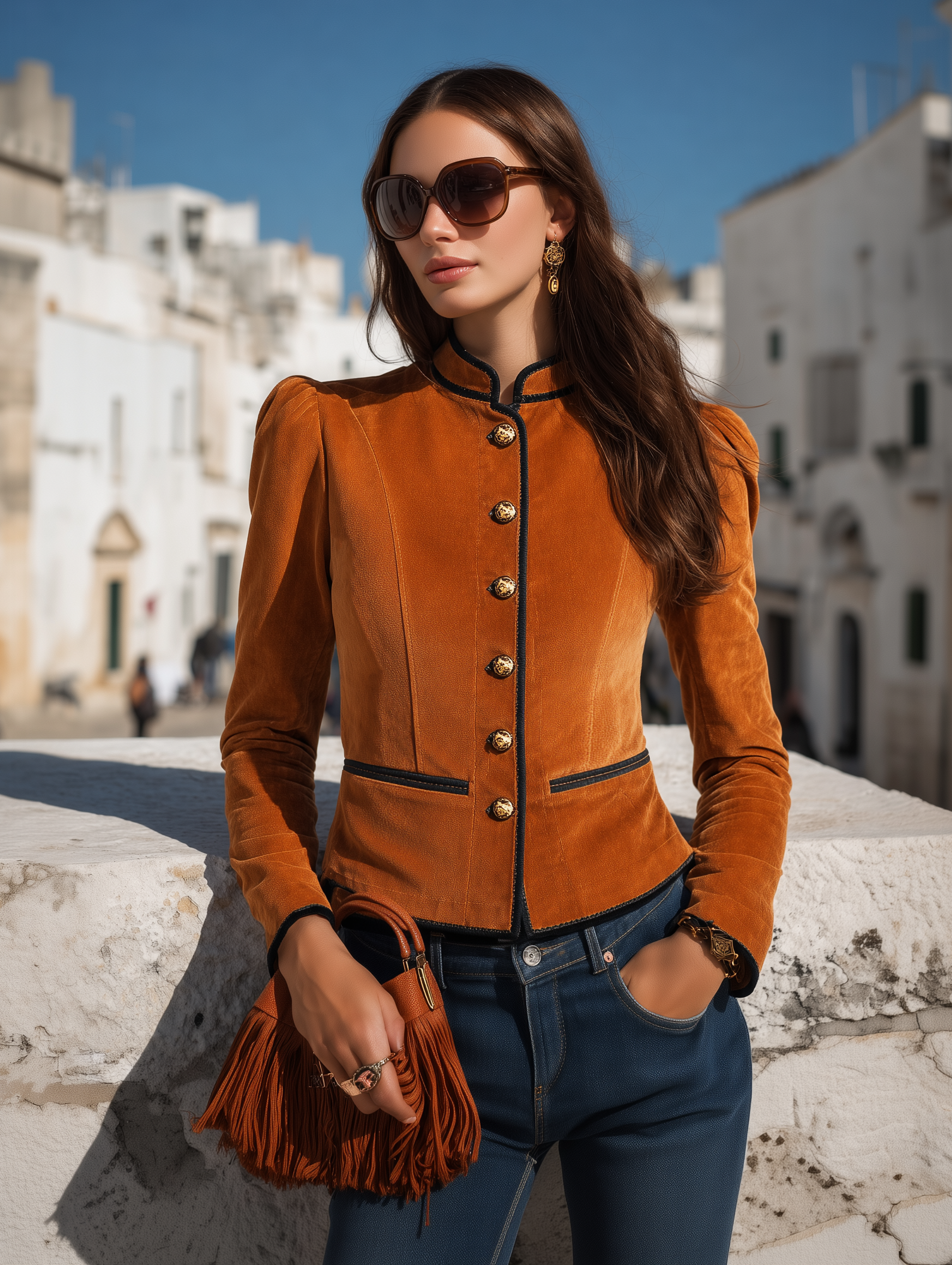 Rust Faux Suede-Feel Mandarin Collar Gold-Button Contrast-Piped Tailored Cropped Jacket