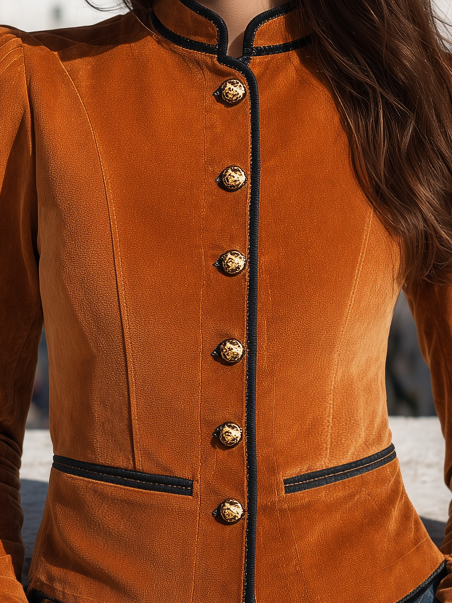 Rust Faux Suede-Feel Mandarin Collar Gold-Button Contrast-Piped Tailored Cropped Jacket