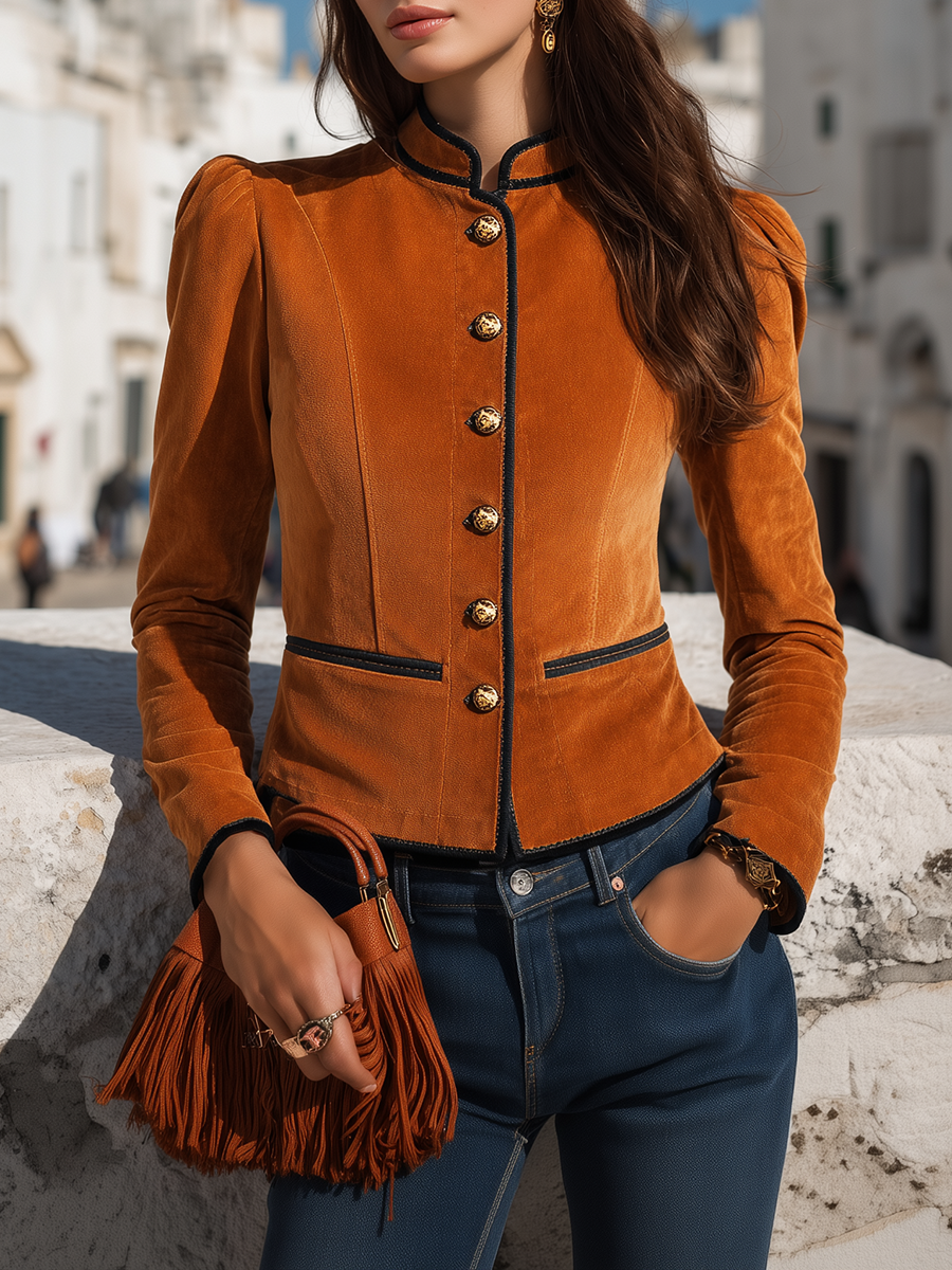 Rust Faux Suede-Feel Mandarin Collar Gold-Button Contrast-Piped Tailored Cropped Jacket
