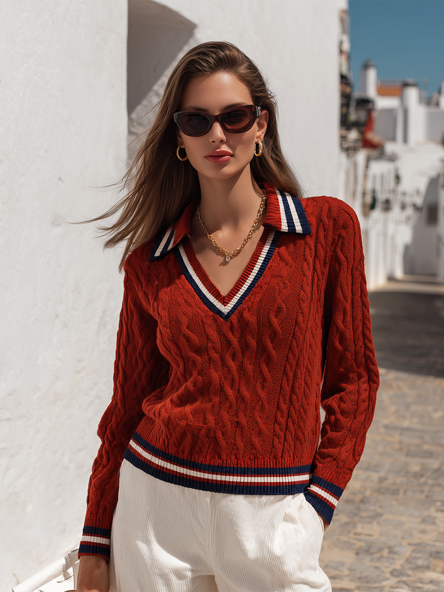 Rust Red Cable-Knit Contrast-Collar V-Neck Striped Trim Resort Sweater