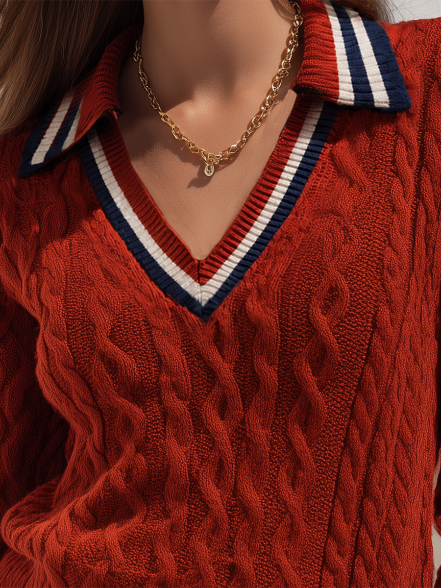 Rust Red Cable-Knit Contrast-Collar V-Neck Striped Trim Resort Sweater