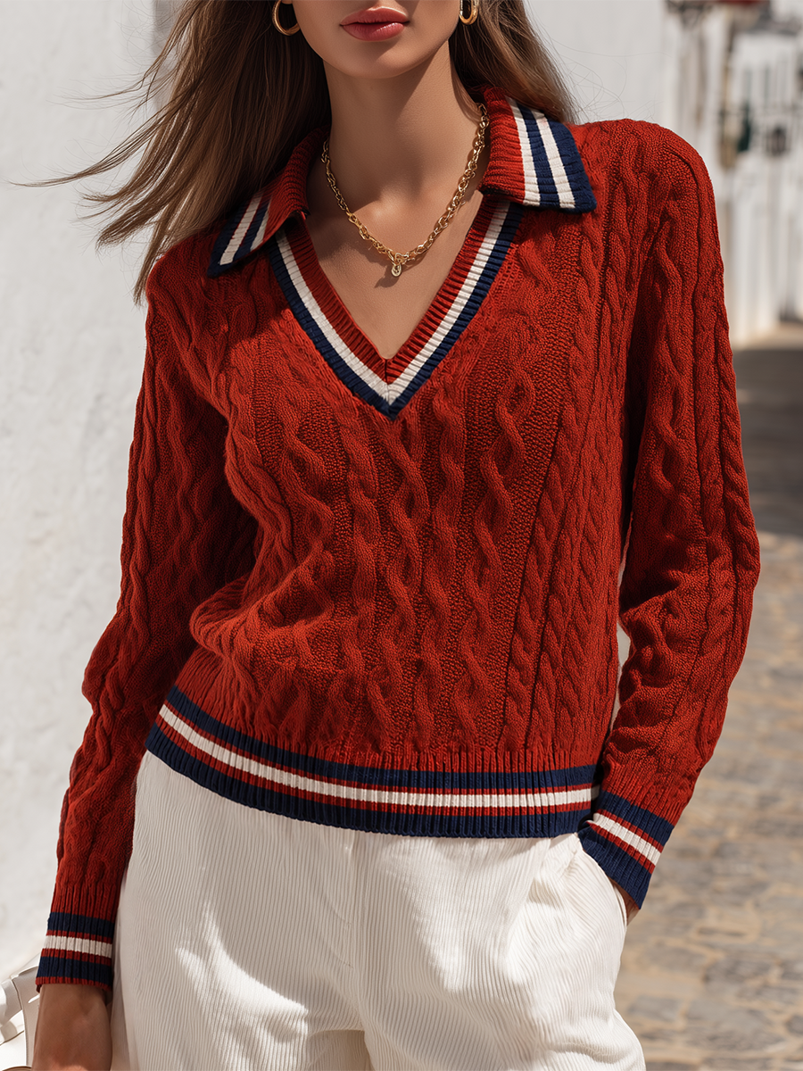 Rust Red Cable-Knit Contrast-Collar V-Neck Striped Trim Resort Sweater