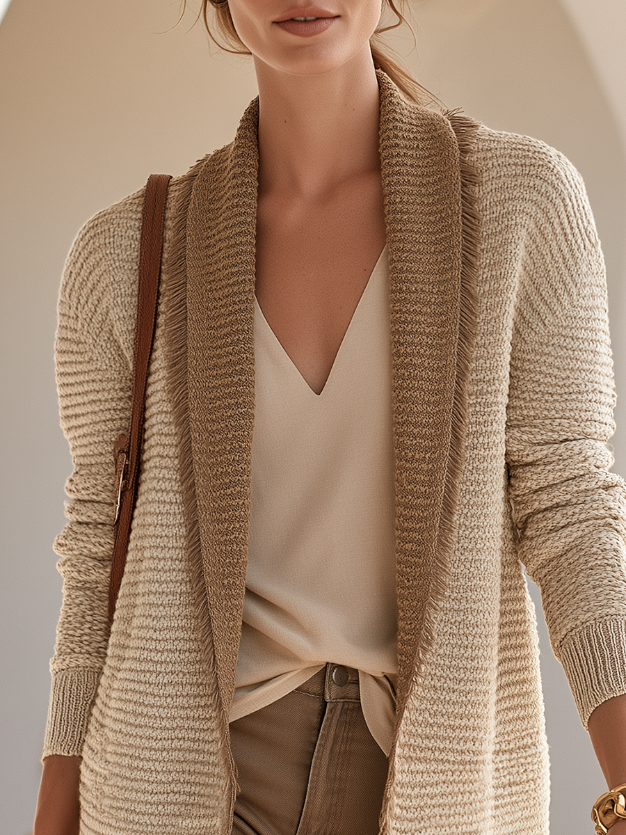 Old Money Open Front Fringe Trim Knit Cardigan