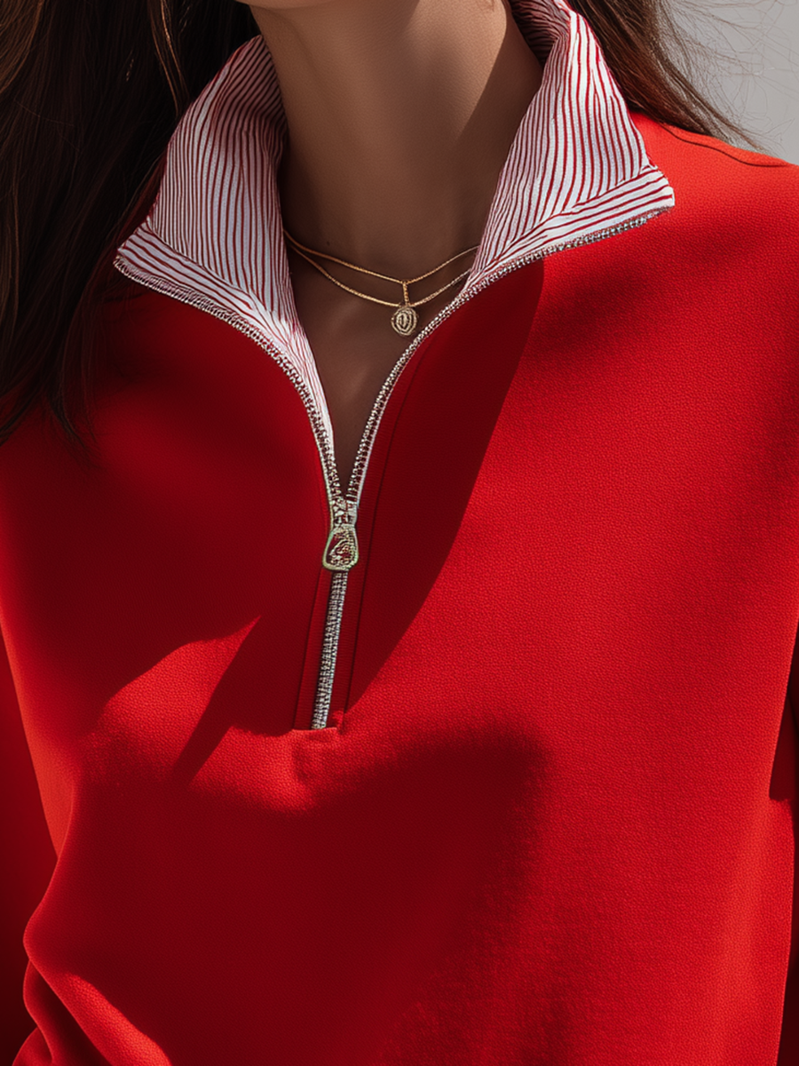 Vibrant Red Half-Zip Contrast-Stripe Collar Relaxed Resort Knit Sweater