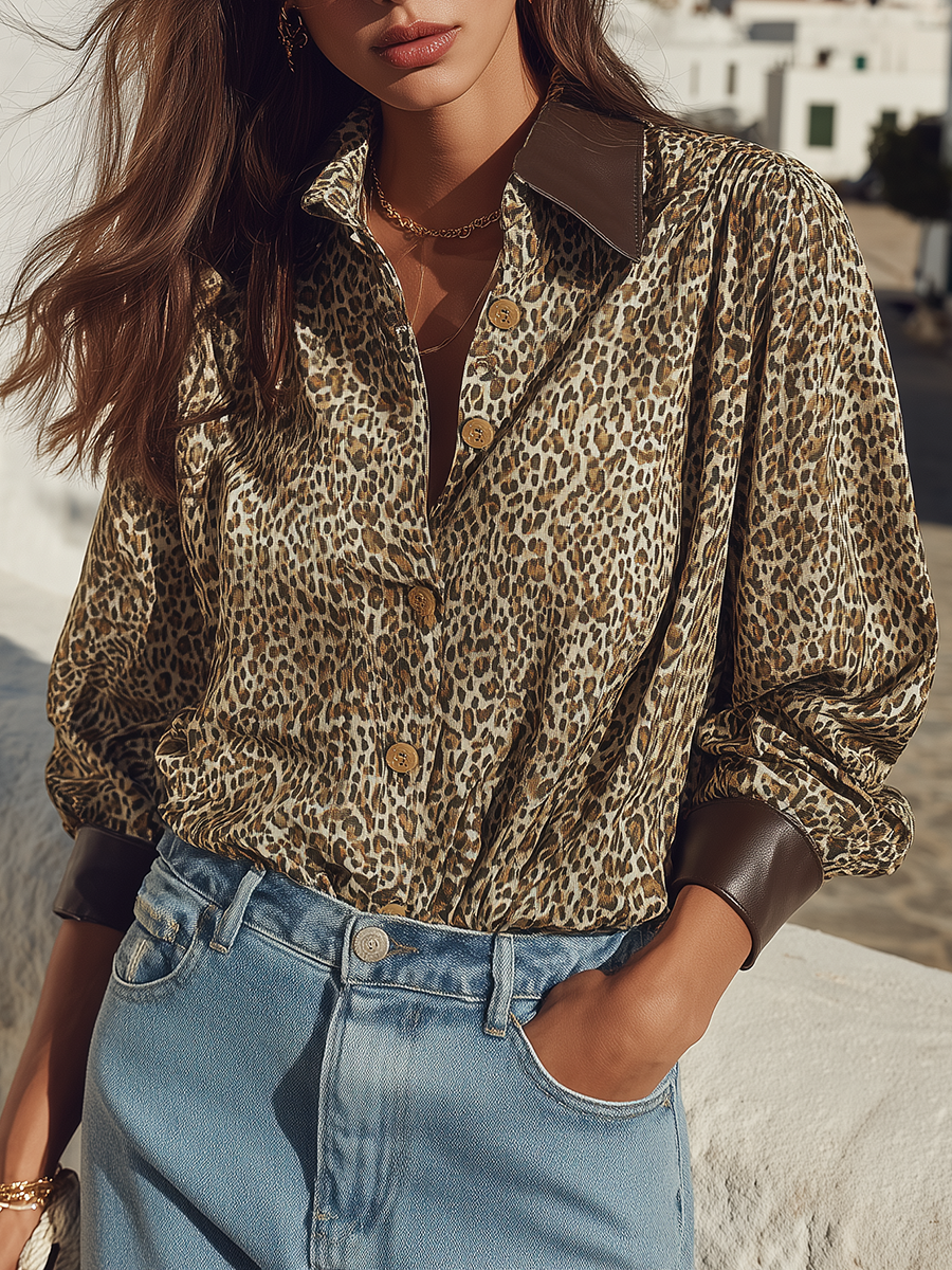 Old Money Luxe Leopard Print Contrast-Collar Button-Front Relaxed Resort Shirt