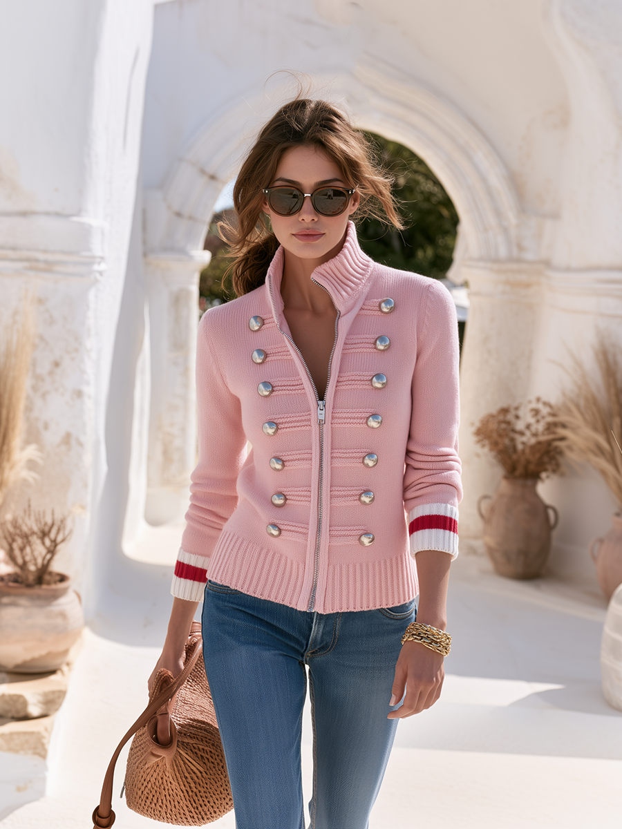 Vintage Military-style Front-zip Pink Knit Jacket