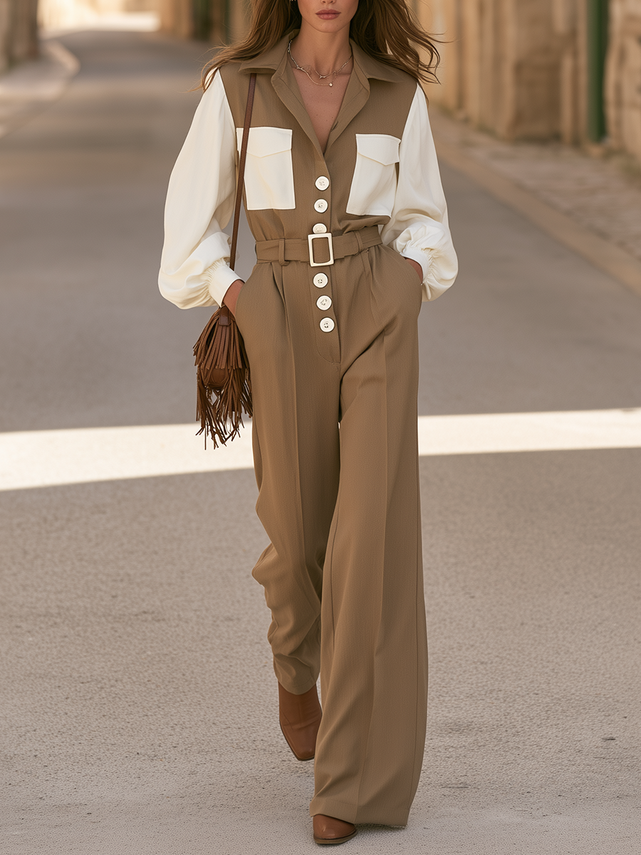 Taupe And Ivory Contrast-Sleeve Belted Button-Front Utility Wide-Leg Jumpsuit - Lunemuse
