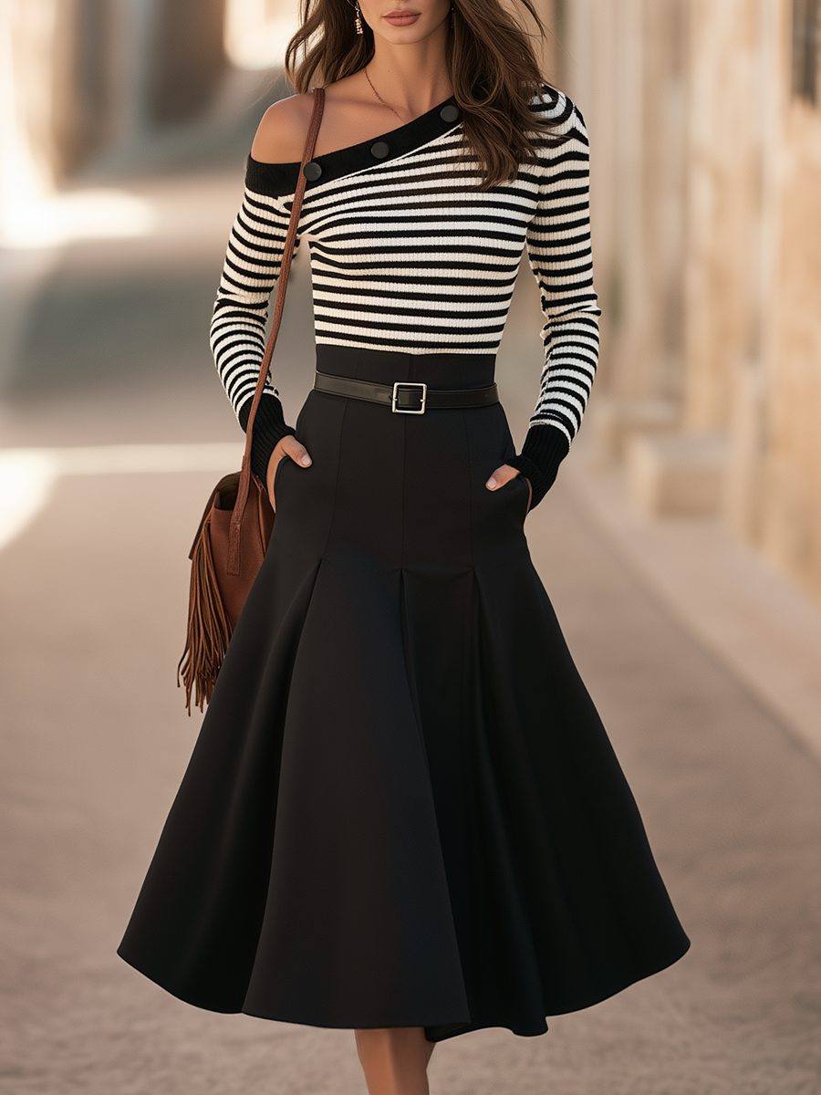 Black And Ivory Stripe Off-Shoulder Mock-Two-Piece High-Waist Elegant Midi dress、