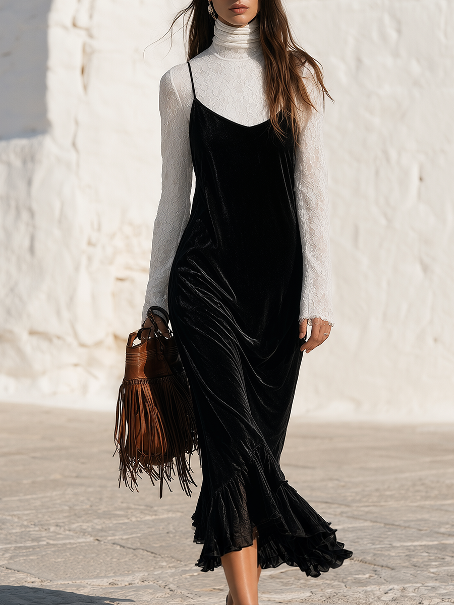 Elegant Black Velvet Slip Dress Layered With White Lace Turtleneck Long Sleeve Dress Set