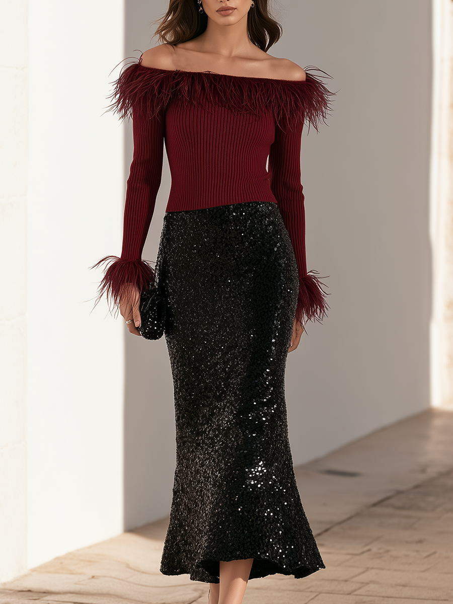 Burgundy Feather-Trim Off-Shoulder Ribbed Knit Top And Black Sequin Midi Skirt Elegant Set - Lunemuse