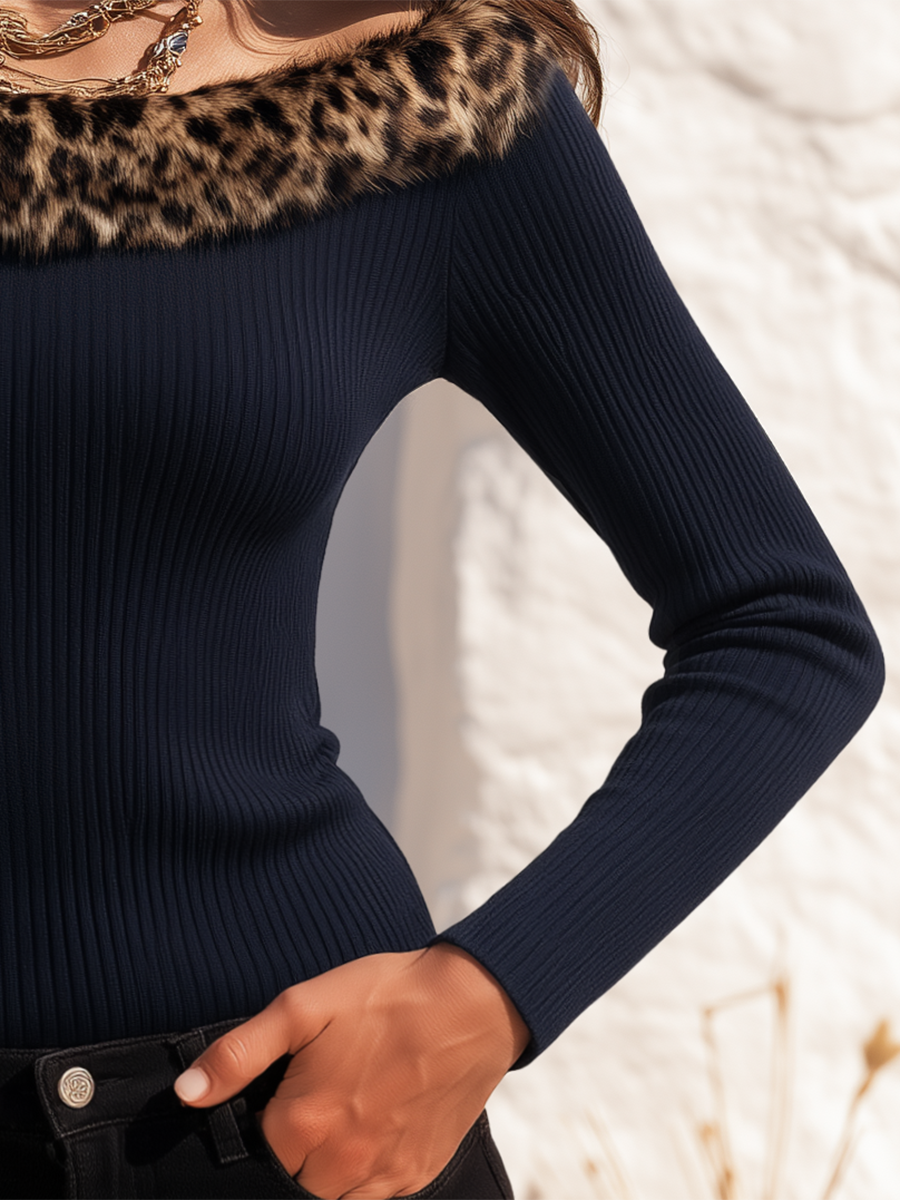 Midnight Navy Ribbed Leopard-Trim Off-Shoulder Body-Skimming Statement Knit Top