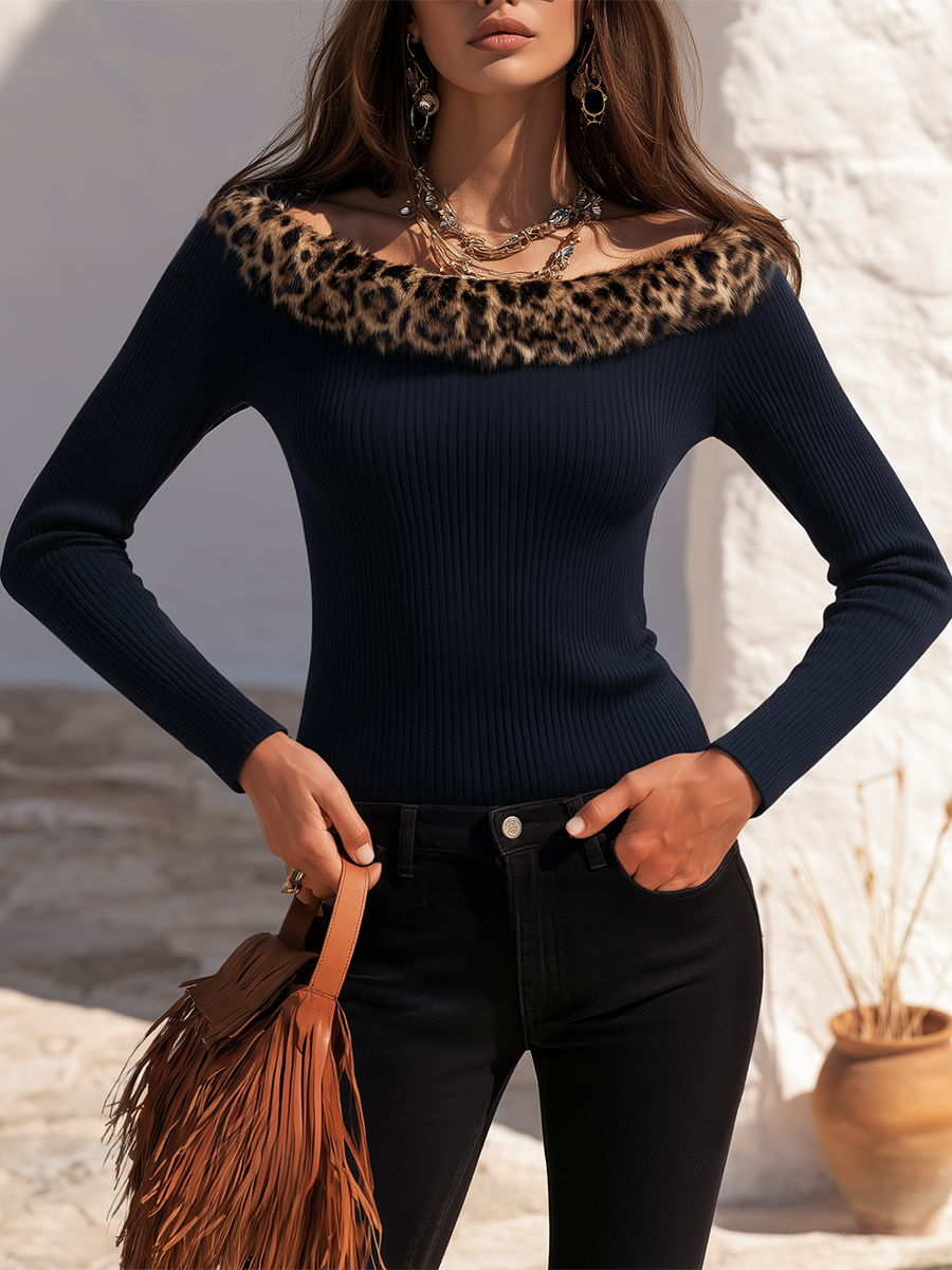 Midnight Navy Ribbed Leopard-Trim Off-Shoulder Body-Skimming Statement Knit Top - Lunemuse