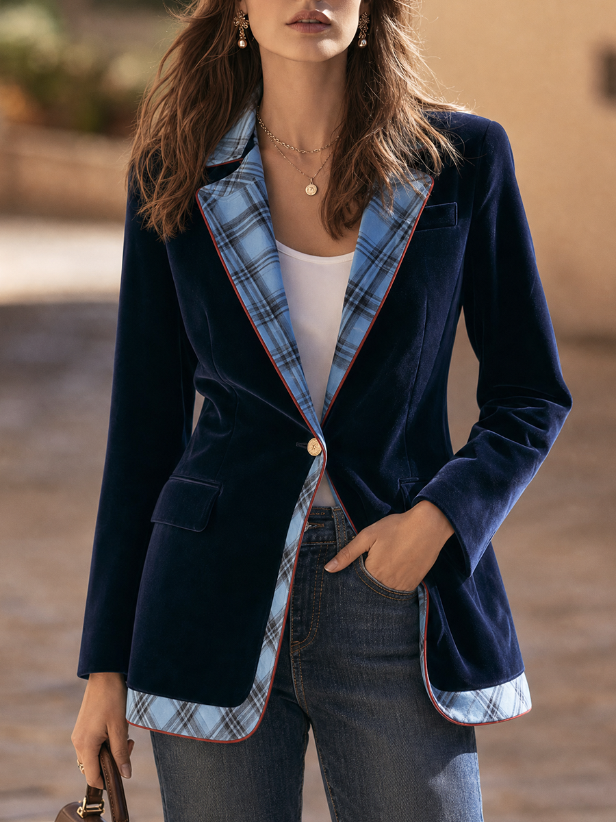 Resort-style Collared Velvet Plaid Paneling Blazer - Lunemuse