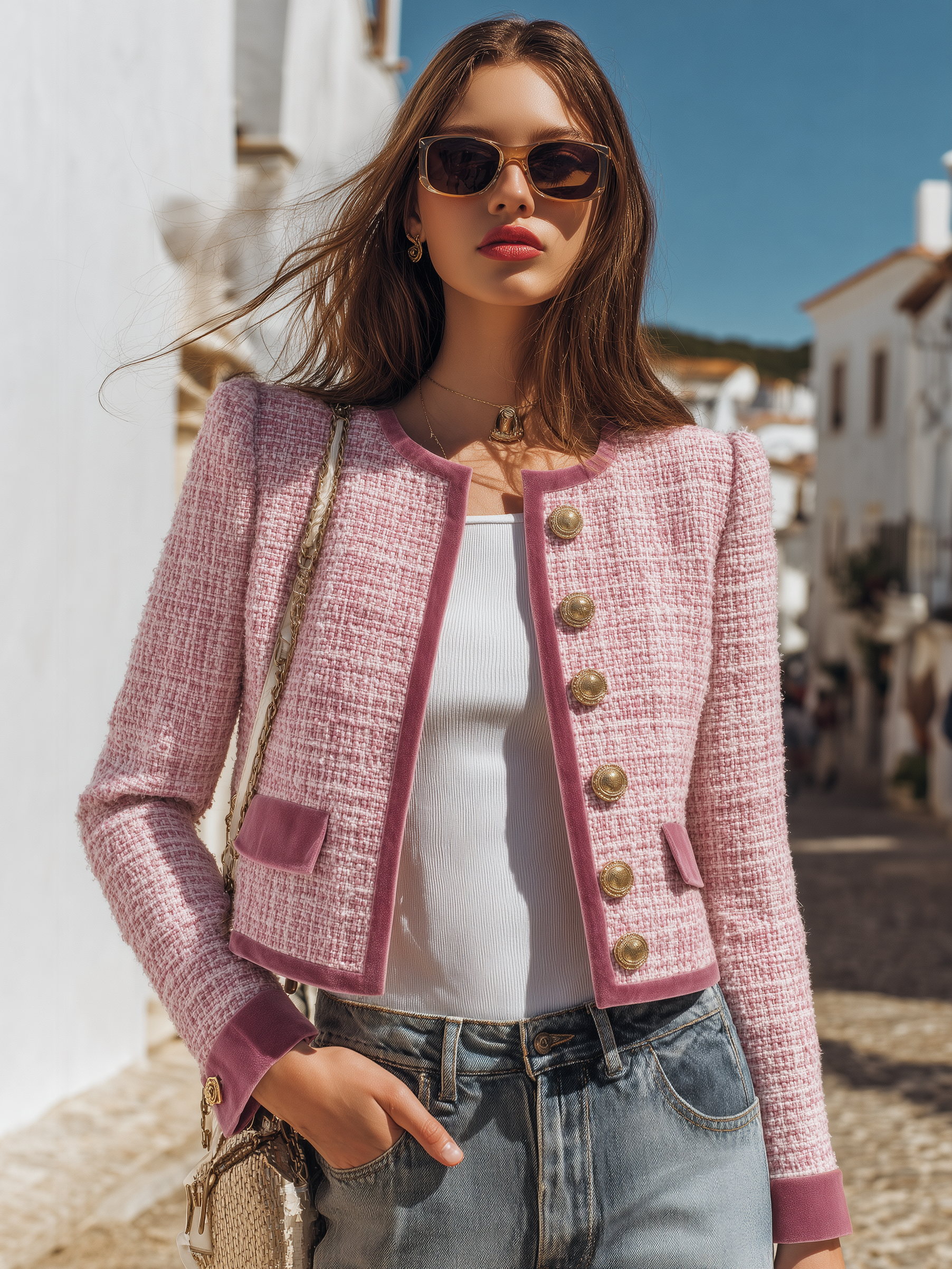 Chic Contemporary Vibe Dusty Pink Tweed Velvet Trim Cropped Open Front Jacket