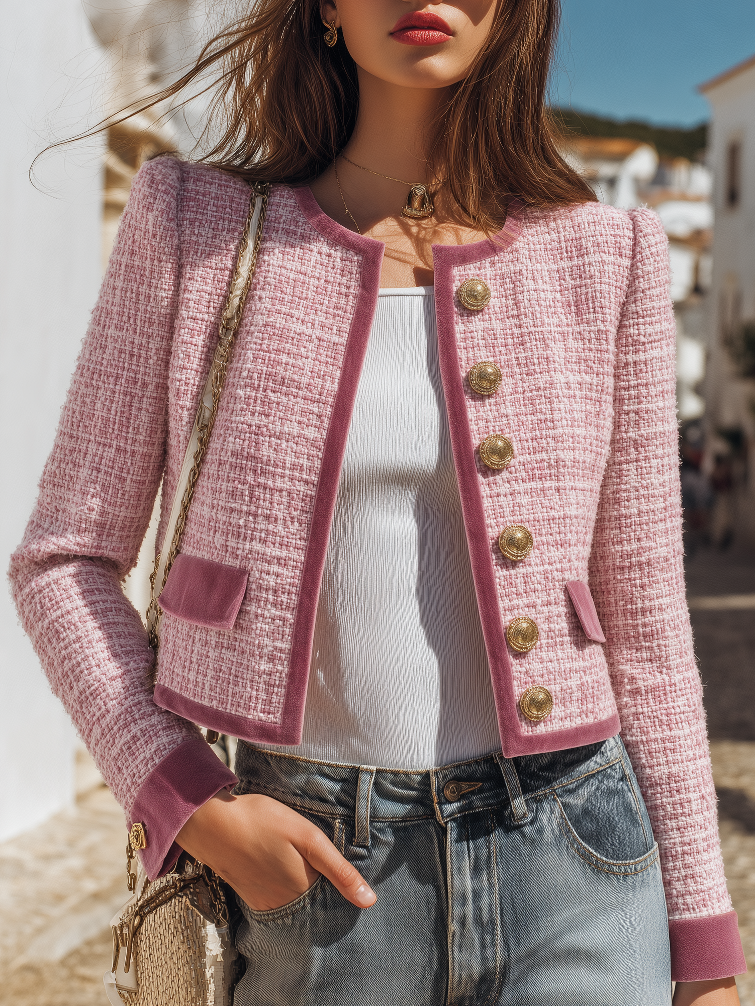 Chic Contemporary Vibe Dusty Pink Tweed Velvet Trim Cropped Open Front Jacket