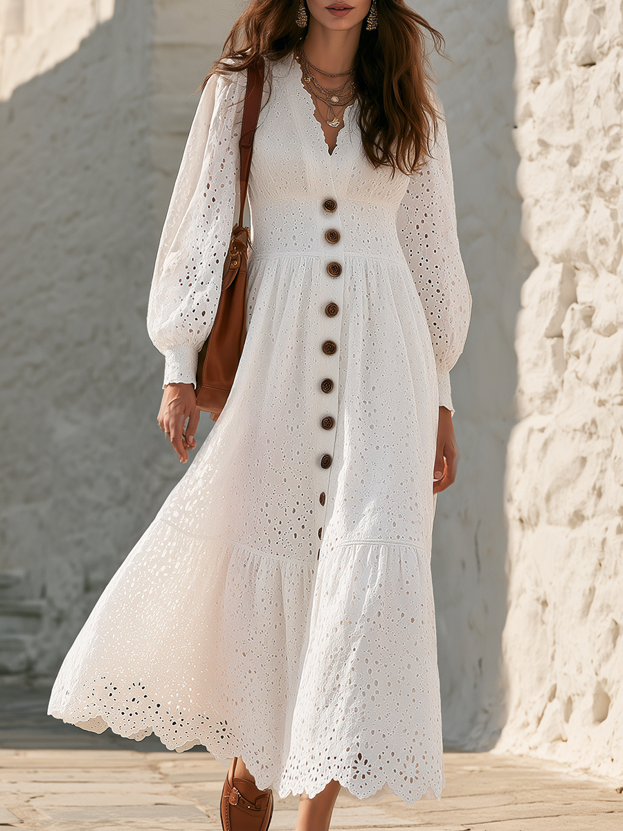 Ivory Eyelet Button-Front Puff-Sleeve Tiered Boho Resort-style Cotton Embroidery Midi Dress - Lunemuse