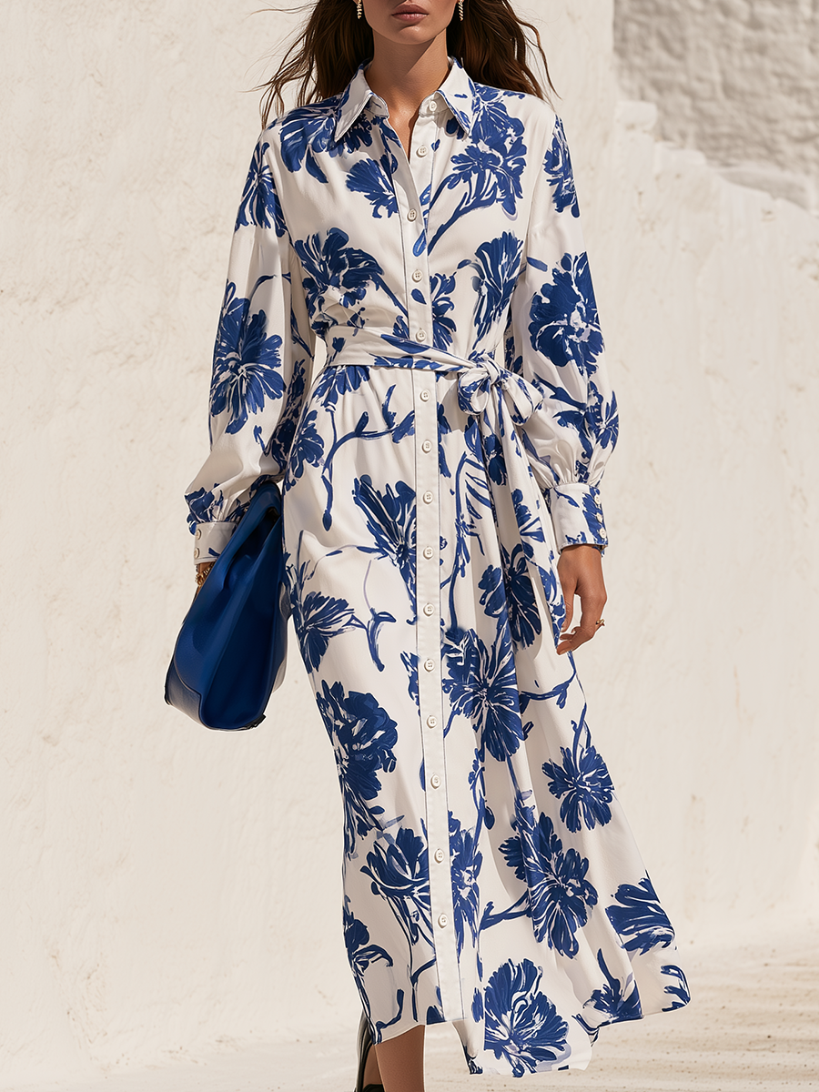 Ivory And Cobalt Floral Print Tie-Waist Button-Front Long Sleeve Flowing Maxi Dress - Lunemuse