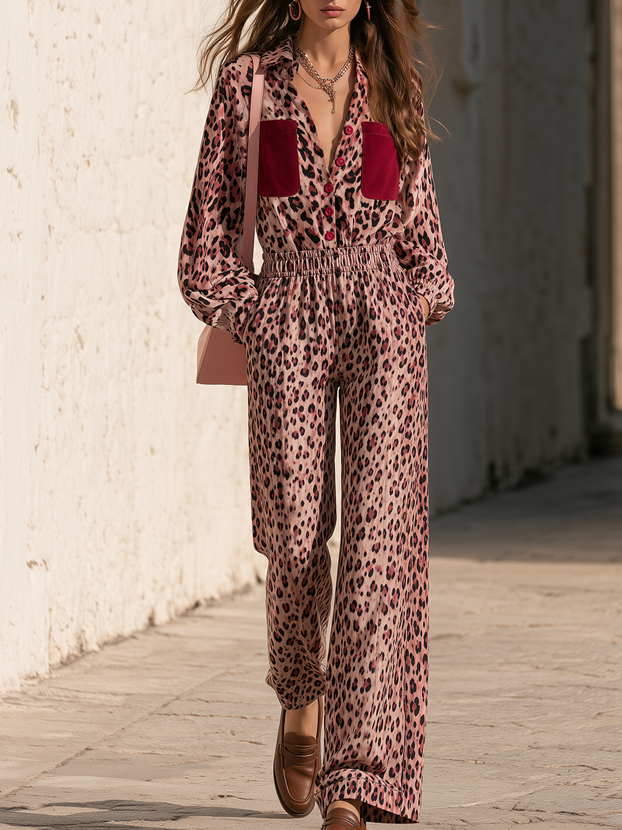 Dusty Rose Leopard Print Contrast Pocket Relaxed Wide-Leg Button-Front Jumpsuit - Lunemuse