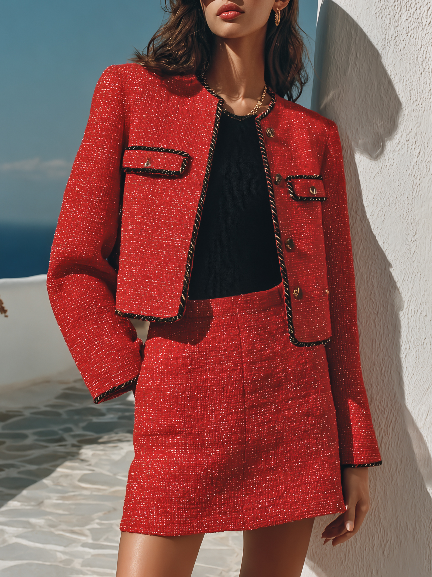 Chic Mediterranean Vibe Bright Red Tweed Contrast Trim Cropped Jacket Mini Skirt Set - Lunemuse