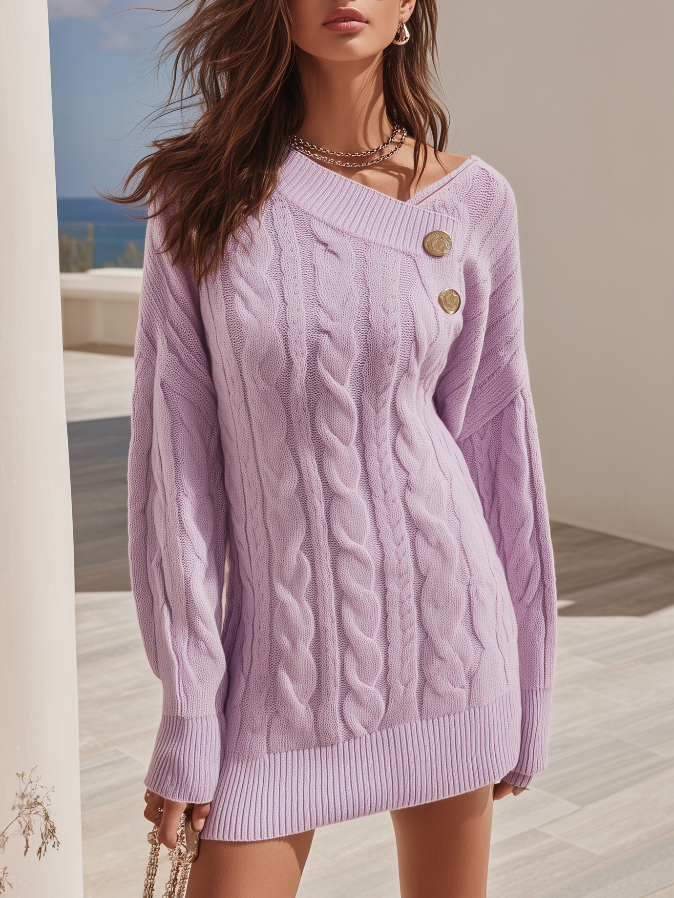 Relaxed Resort Vibe Lavender Asymmetric Button Detail Cable Knit Mini Dress - Lunemuse