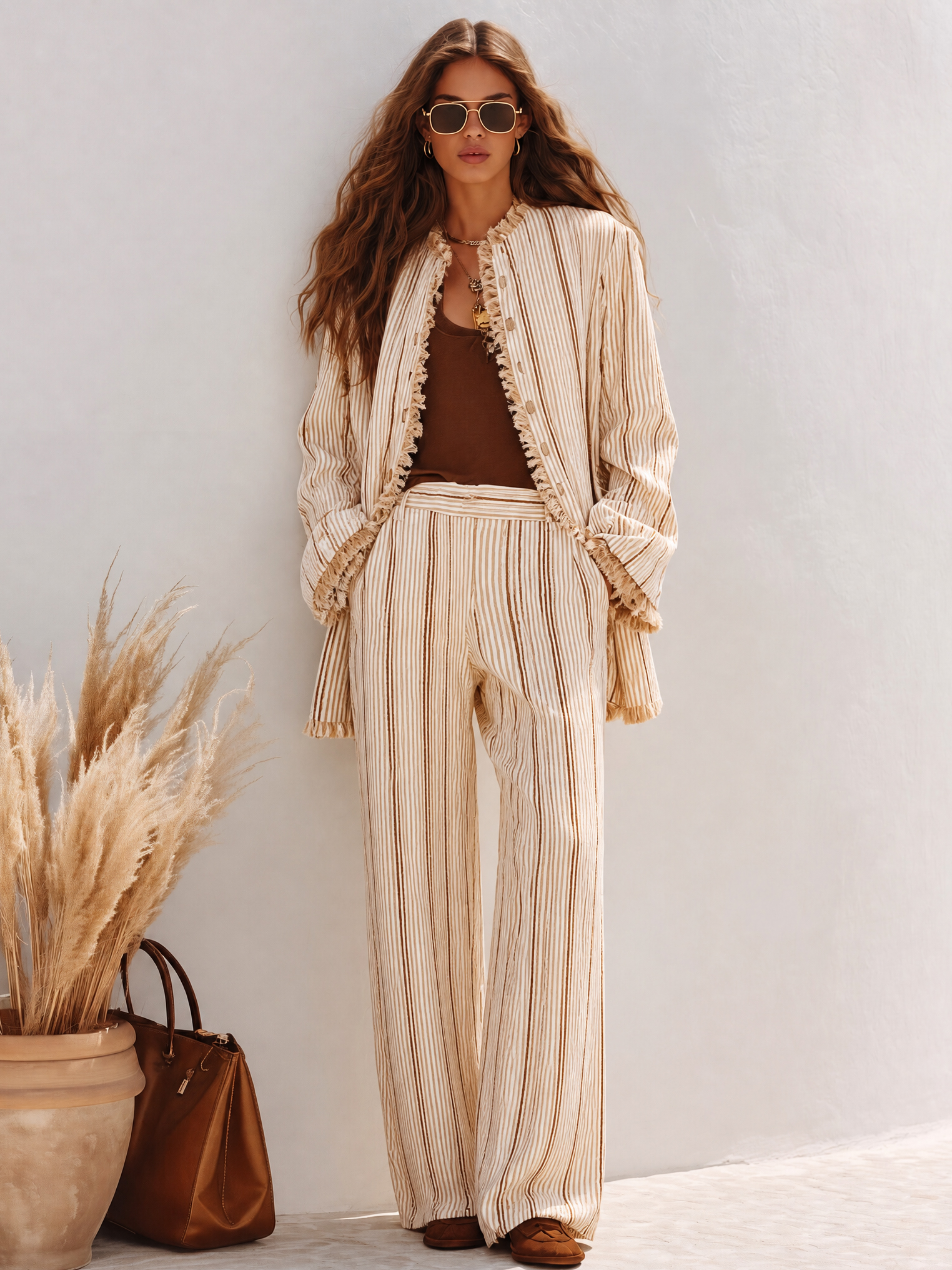 Desert Bohemian Vibe Cream Beige Brown Stripe Fringe Trim Shirt Jacket Wide Leg Pants Set