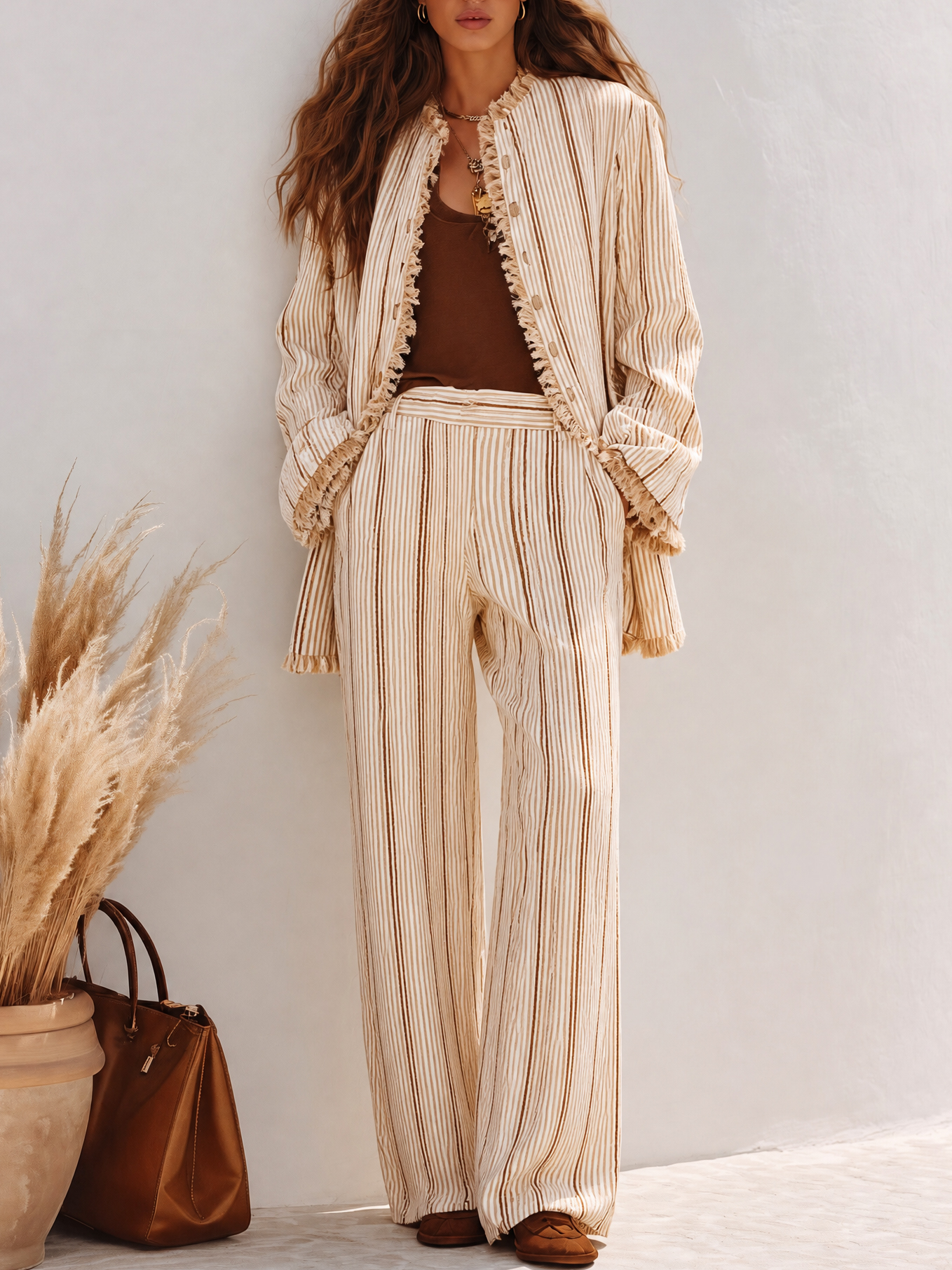 Desert Bohemian Vibe Cream Beige Brown Stripe Fringe Trim Shirt Jacket Wide Leg Pants Set - Lunemuse
