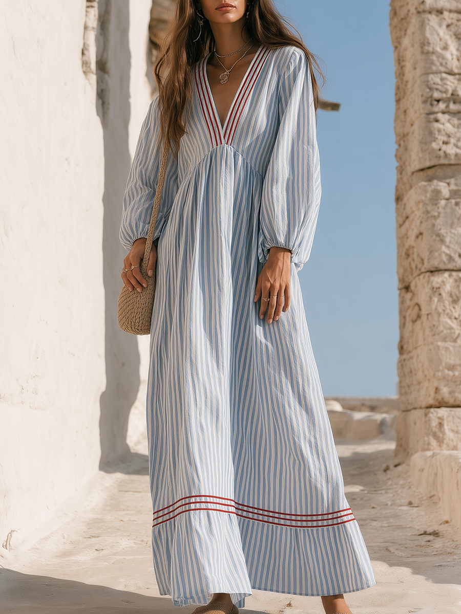 Sky Blue Pinstripe Deep V Empire-Waist Contrast-Trim Flowing Resort Maxi Dress - Lunemuse
