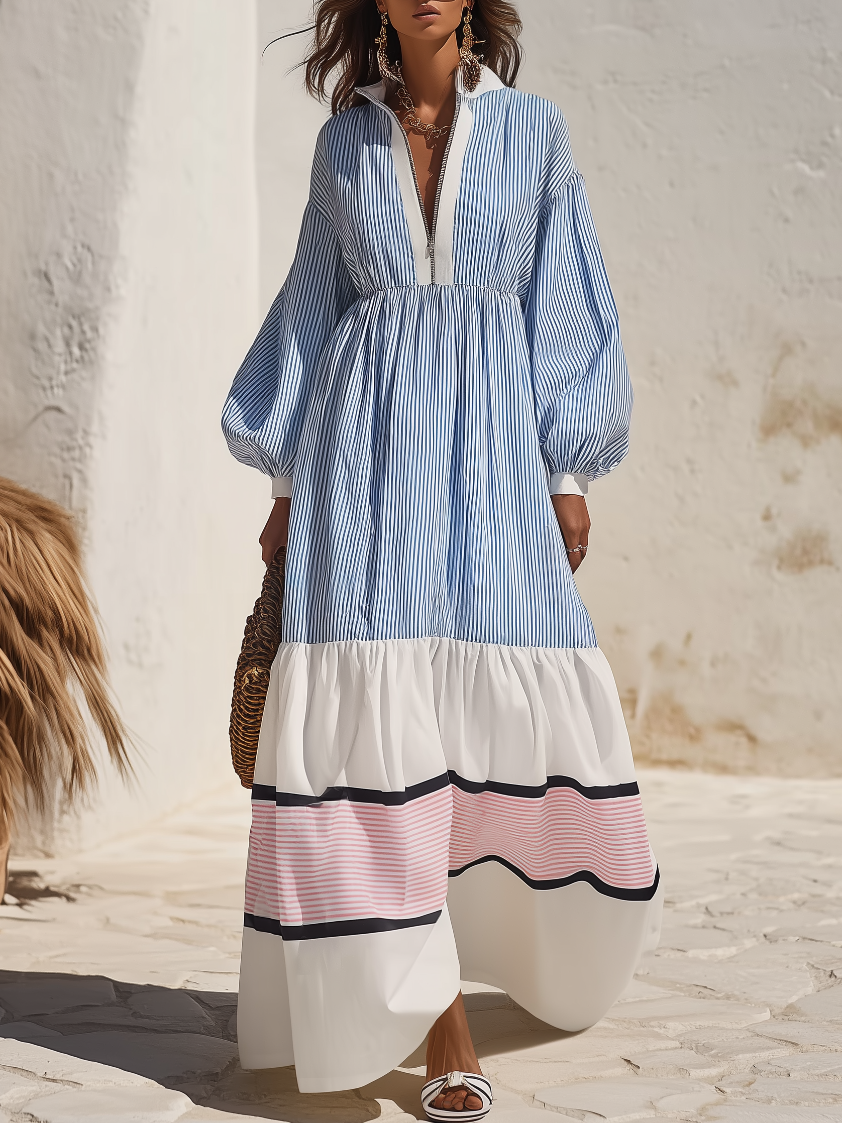 Retro Half-zip Stand Collar Color-blocked Striped Maxi Dress - Lunemuse