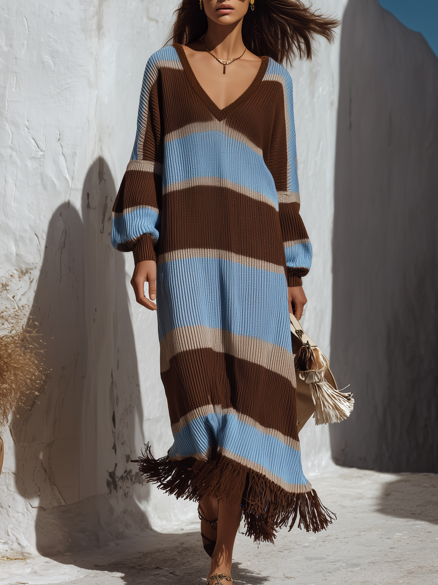 Retro V-neck Color-blocked Striped Fringe Sweater Dress - Lunemuse