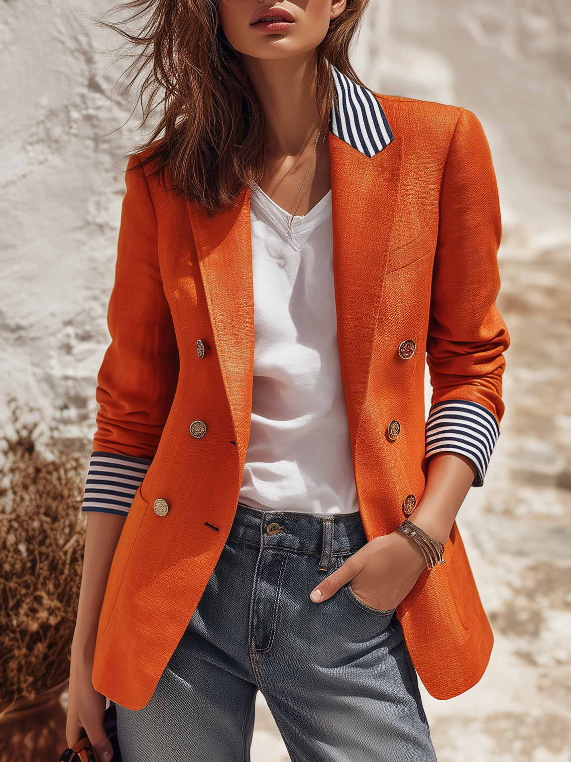 Retro-style Striped Cuff Double-breasted Blazer - Lunemuse
