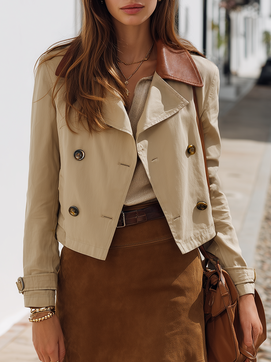 Ivory Double-Breasted Contrast-Collar Gold-Button Cropped Elegant Short Trench Coat