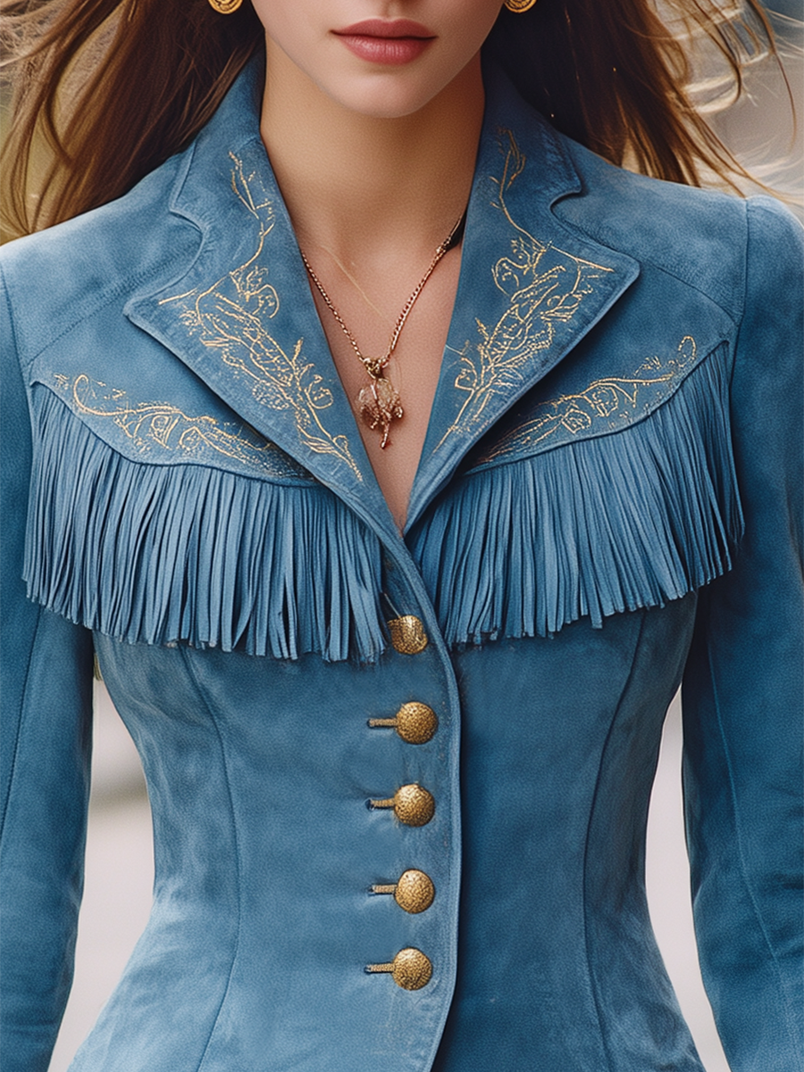 Resort-style Collared Embroidered Long-sleeve Faux Suede Blazer