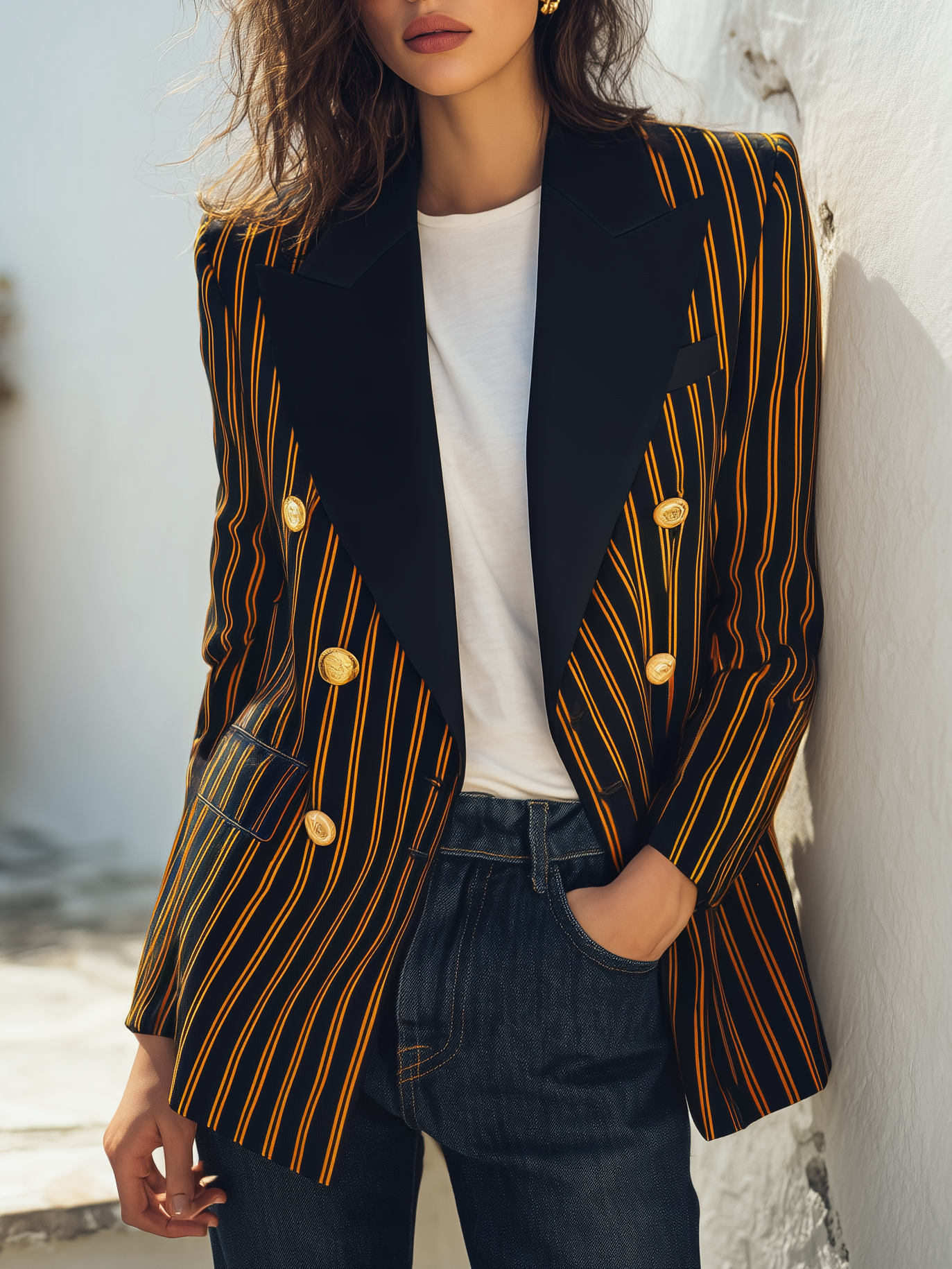 Retro-modern Color-blocked Striped Double-breasted Blazer - Lunemuse