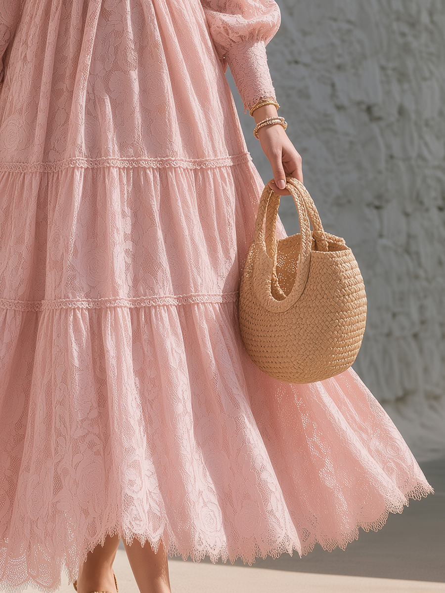 Blush Pink Allover Lace Pearl-Button V-Neck Tiered Bohemian Holiday Maxi Dress