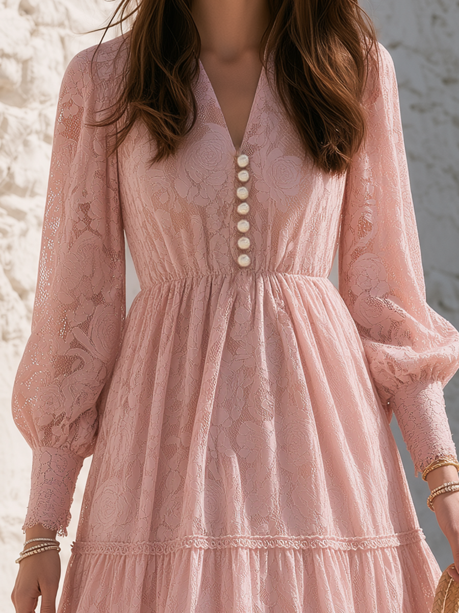 Blush Pink Allover Lace Pearl-Button V-Neck Tiered Bohemian Holiday Maxi Dress