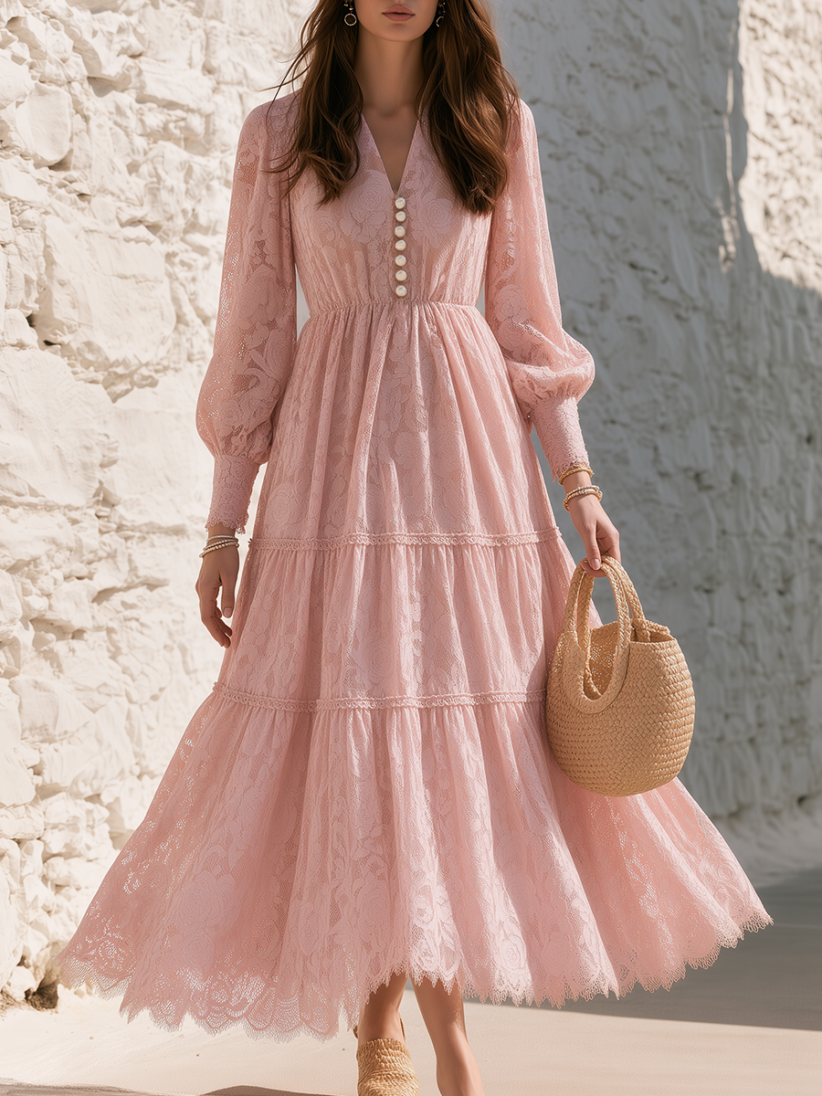 Blush Pink Allover Lace Pearl-Button V-Neck Tiered Bohemian Holiday Maxi Dress - Lunemuse