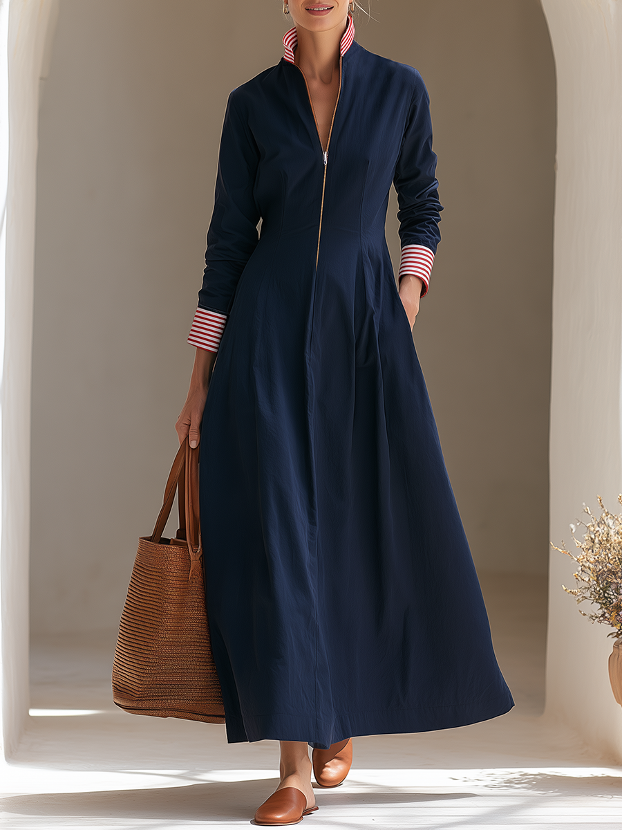 Minimalist Casual Striped Color-Block Neckline Navy Blue Maxi Dress - Lunemuse