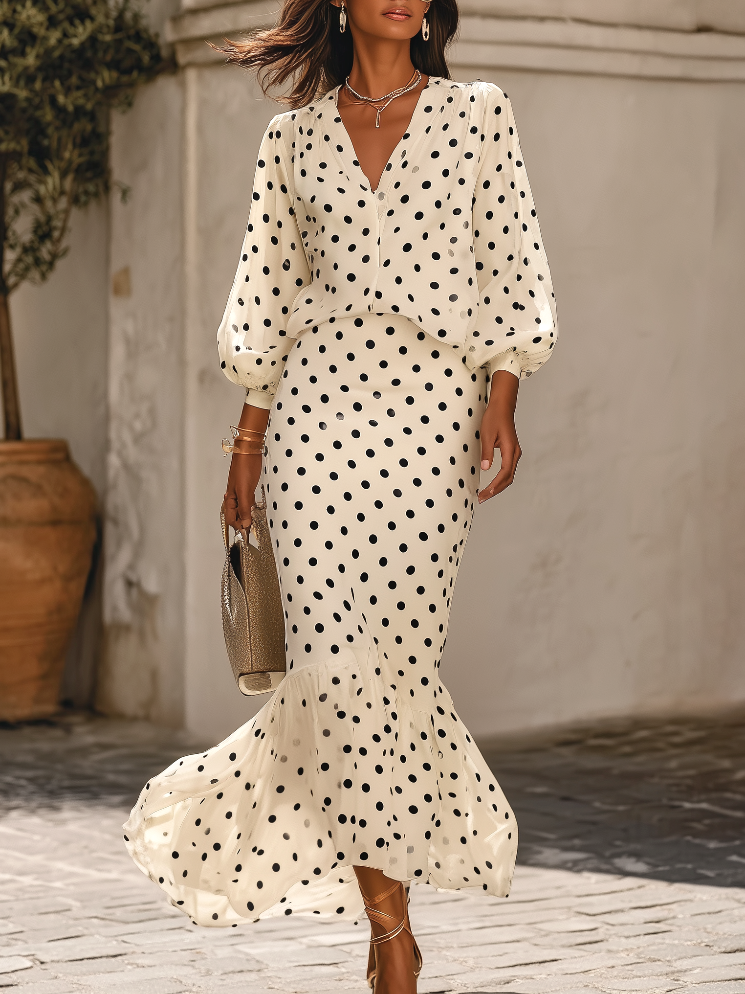Resort-style Retro Polka Dot Long Sleeve Shirt And Midi Skirt Set - Lunemuse