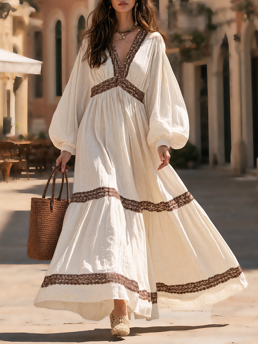 Ivory Cotton-Linen Crochet-Trim Deep V Balloon Sleeve Vacation-style Bohemian Maxi Dress - Lunemuse