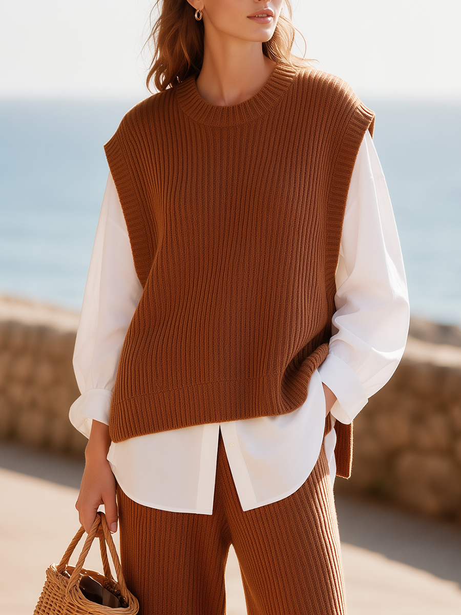 Old Money Rust Brown Ribbed Knit Vest Layered Over Crisp White Shirt Elegant Resort Top Set - Lunemuse