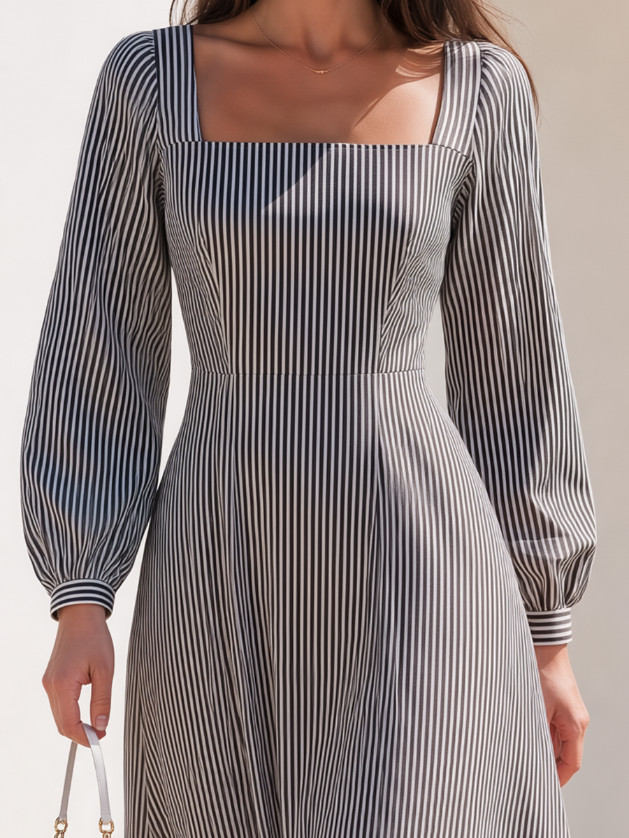 Grey And White Pinstripe Square Neck Long Sleeve Button Cuff Fitted Waist Contrast Red Color Block Hem Midi Dress