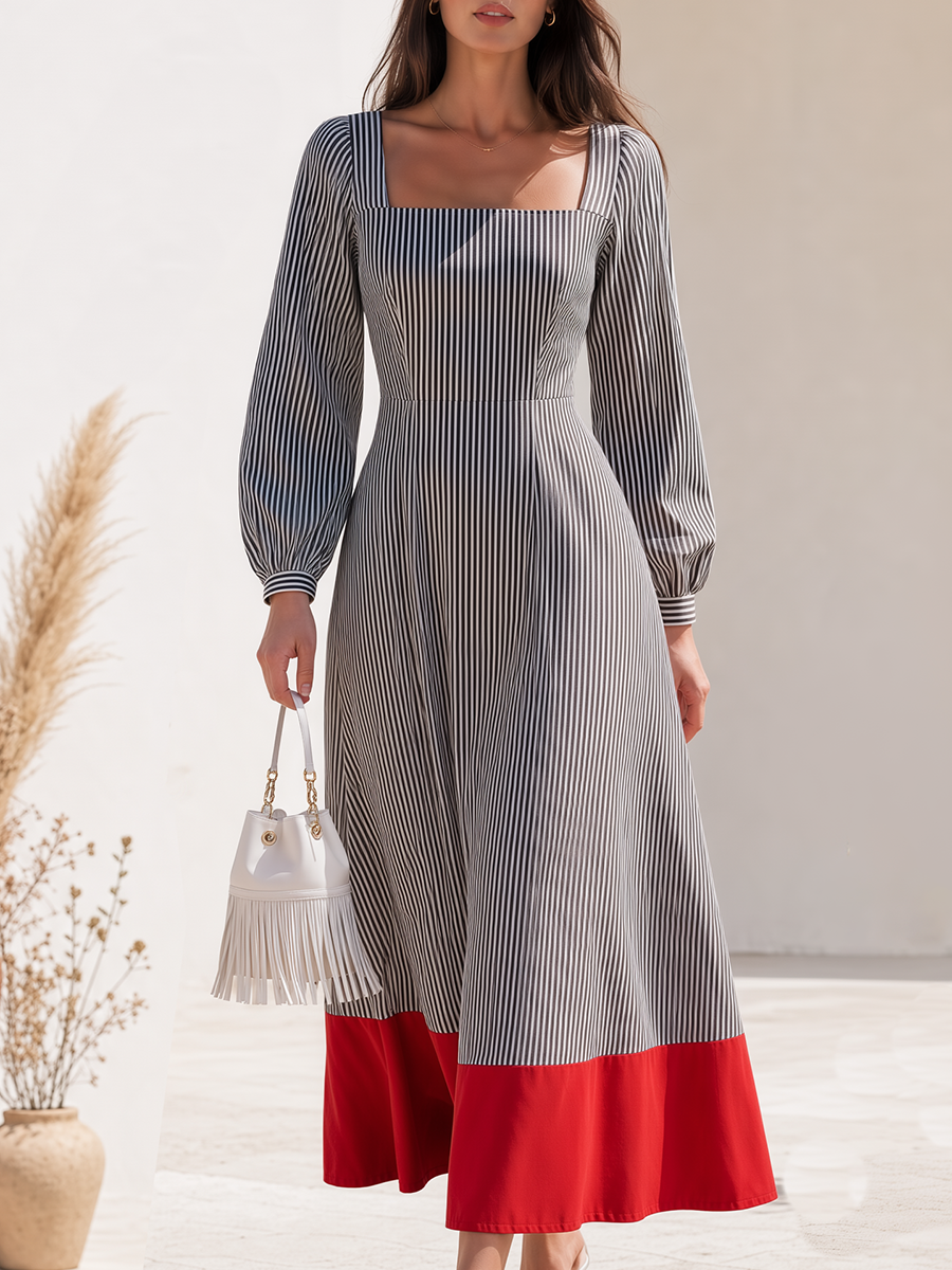 Grey And White Pinstripe Square Neck Long Sleeve Button Cuff Fitted Waist Contrast Red Color Block Hem Midi Dress