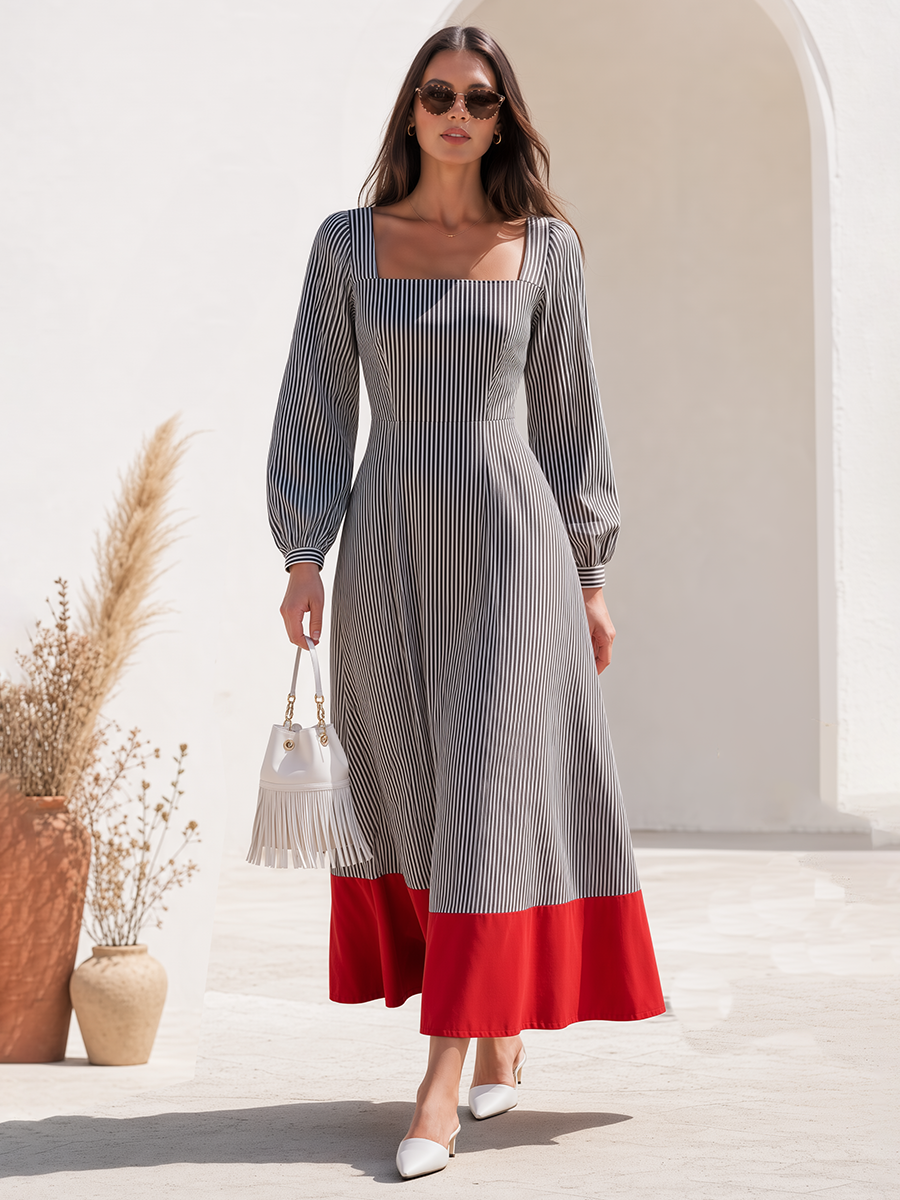 Grey And White Pinstripe Square Neck Long Sleeve Button Cuff Fitted Waist Contrast Red Color Block Hem Midi Dress