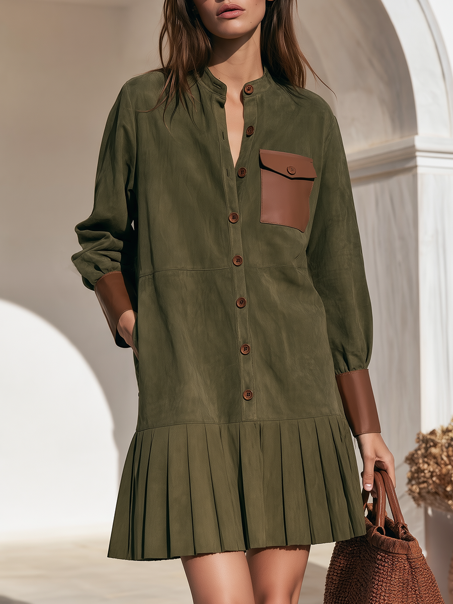Old Money Crew Neck Color-Block Cuffs And Ruffled Hem Faux Suede Mini Dress