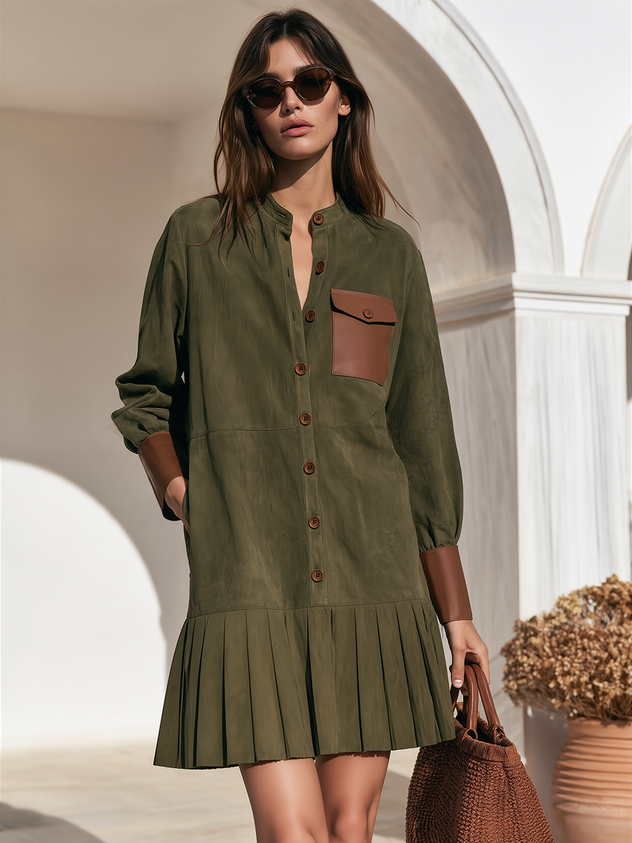 Old Money Crew Neck Color-Block Cuffs And Ruffled Hem Faux Suede Mini Dress